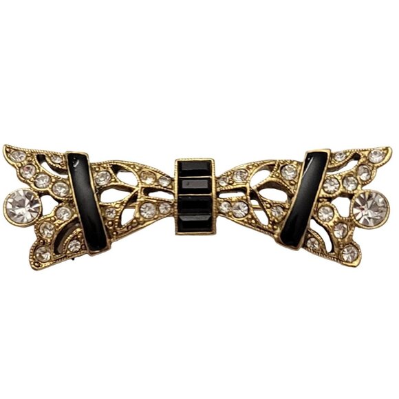 1928 Brand Black Baguette Enamel Clear Rhinestone Bar Brooch Pin K324 - Picture 8 of 8